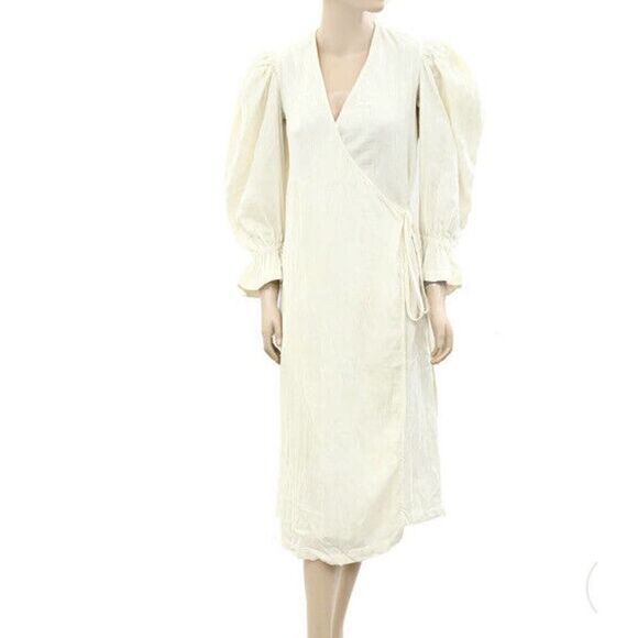 RHODE RESORT Emi Wrap Midi Dress Puff Sleeves Ruffle Cream Cotton XS NEW -232294 - Picture 11 of 12